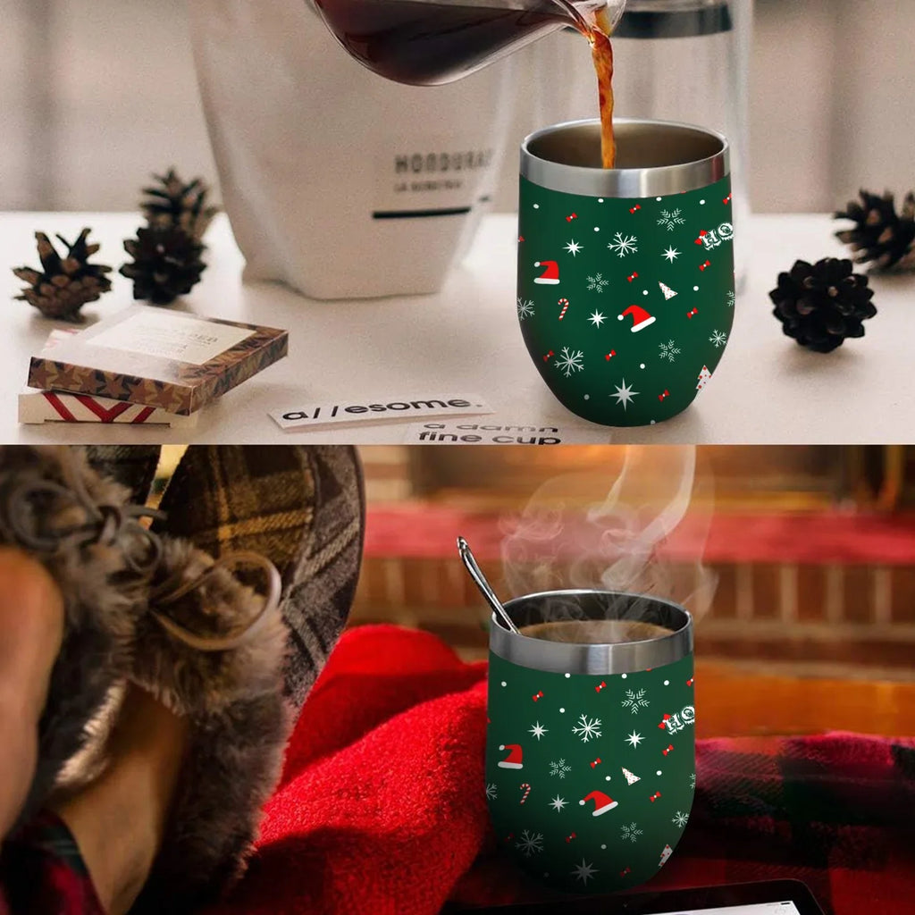 304 Insulation Cups Wine Vacuum Stainless Double Cups, Insulated Lid, Steel Red Tumbler with Belly with Shape Cup Eggshell Hidove Layer 12oz U Cup Big and Cup Color Christmas Green Tree
