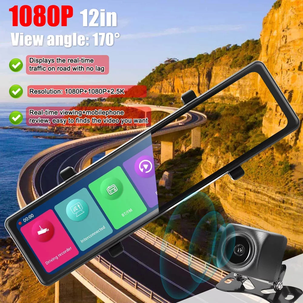 Video Recorder Andoer Screen Mirror Car Car Rearview Cam Car Recording Recorder 3 Clear Driving Auto Dash Cameras 2.5K 12in Touched Carplay