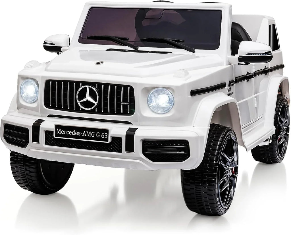 Control, Kids Horn, LED Music, Lock Car, Benz Electric Licensed Electric Battery Car on Spring Vehicle, 12V Mercedes w/Remote Powered Bluetooth, Suspension, AUX, Safety G63 Light, Ride White