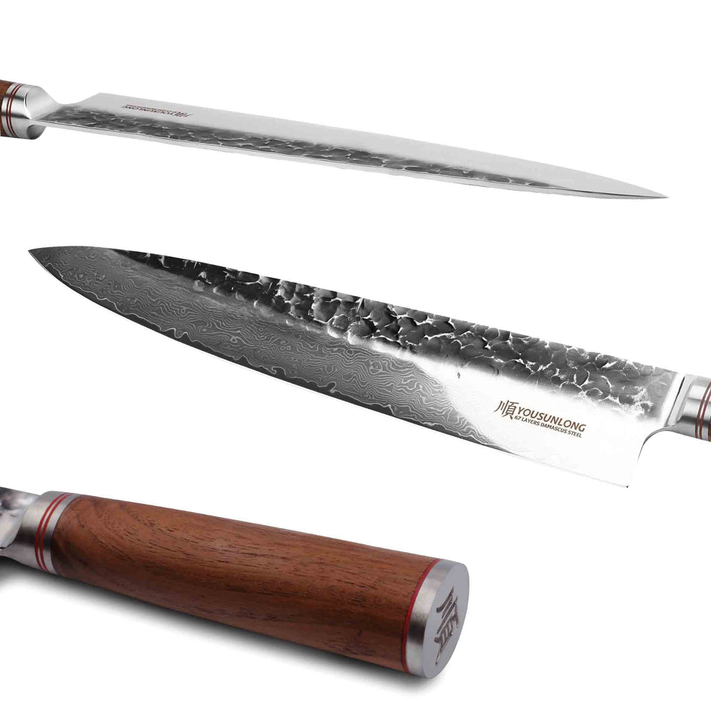 Sheath Chef Hammered Steel Pro Damascus Walnut 12 with Leather YOUSUNLONG - Handle Natural Wooden Gyuto Japanese inch Knife