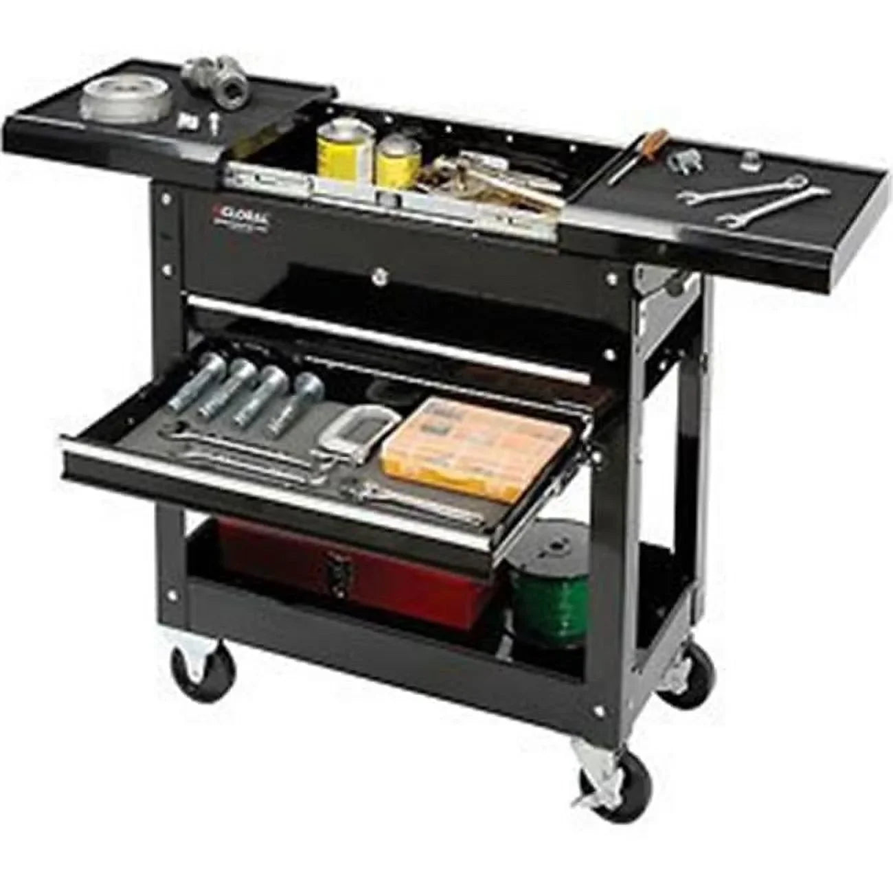 W/ Cart Global Tool Top, 27" Sliding Industrial 2-Drawer Black