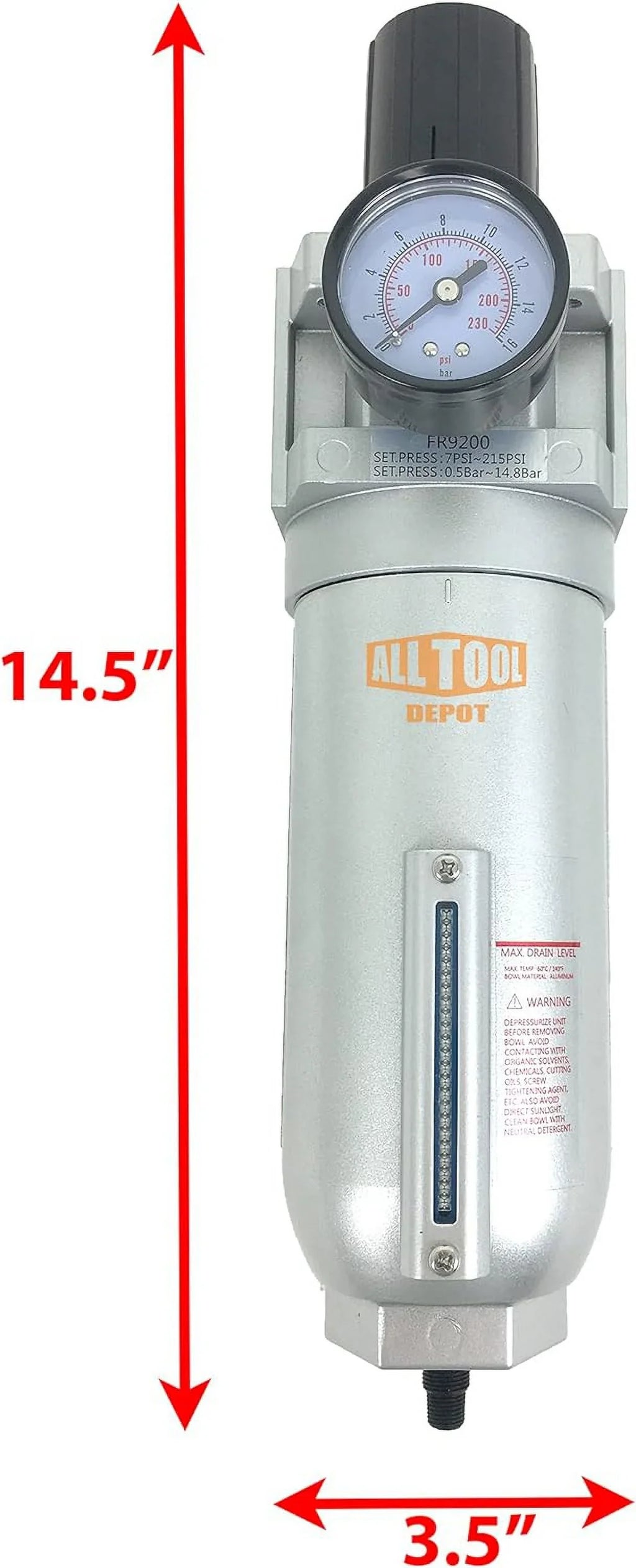 In NPT Air 7 Metal DUTY To SUPER Piggyback, Line Combo , PSI From 175 Adjustable Micron Bowl, Filter (AUTO 5 DRAIN) Regulator Compressed