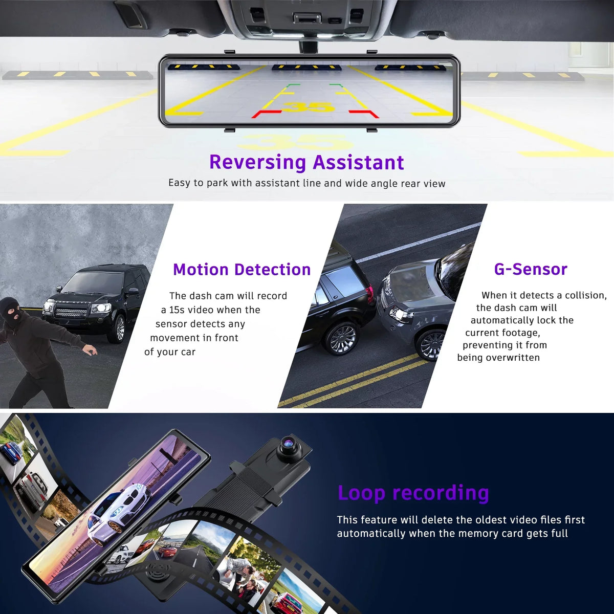 Night Voice Screen Backup Front and Control TOGUARD Touch IPS Sensor, Super Camera with Mirror Rear, 4K+1080P Parking Dash Cam Assistanc 12" Vision,