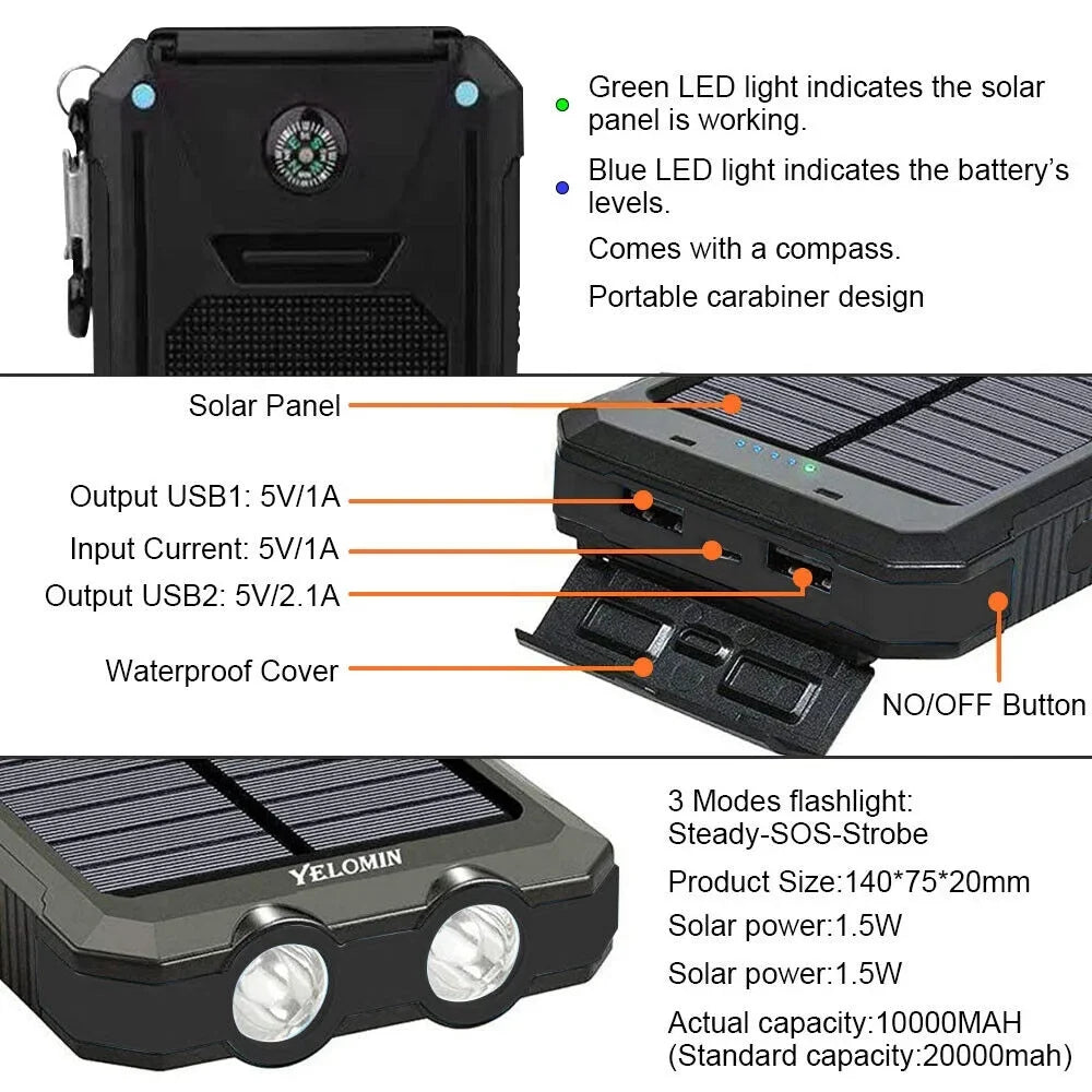 for Power Portable Cell Super USB Solar Charger 10000000mAh Black. Phone, Bank