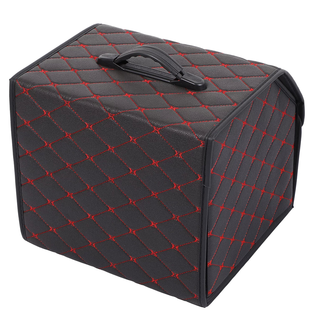 Bag Foldable Red PU Car Truck 33x31x29cm Boot SUV Trunk Black for Stitches Handle Organiser Leather Bag Storage with