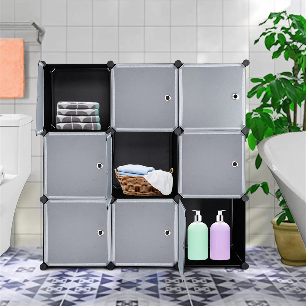 Storage Doors DIY 9-Cube Book Organizer Units, Plastic Closet Cabinet, with Shelving Modular Shelf BMTBUY