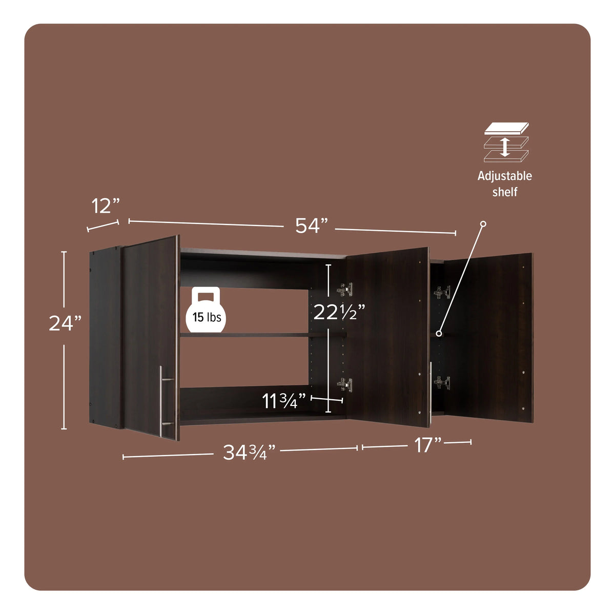 12"D, Prepac Cabinet Versatile Elite 3-Door, 24"H Prepac, Espresso x Tall by EEW-5424, Wall Cabinet, x Wall Garage 54"W Adjustable