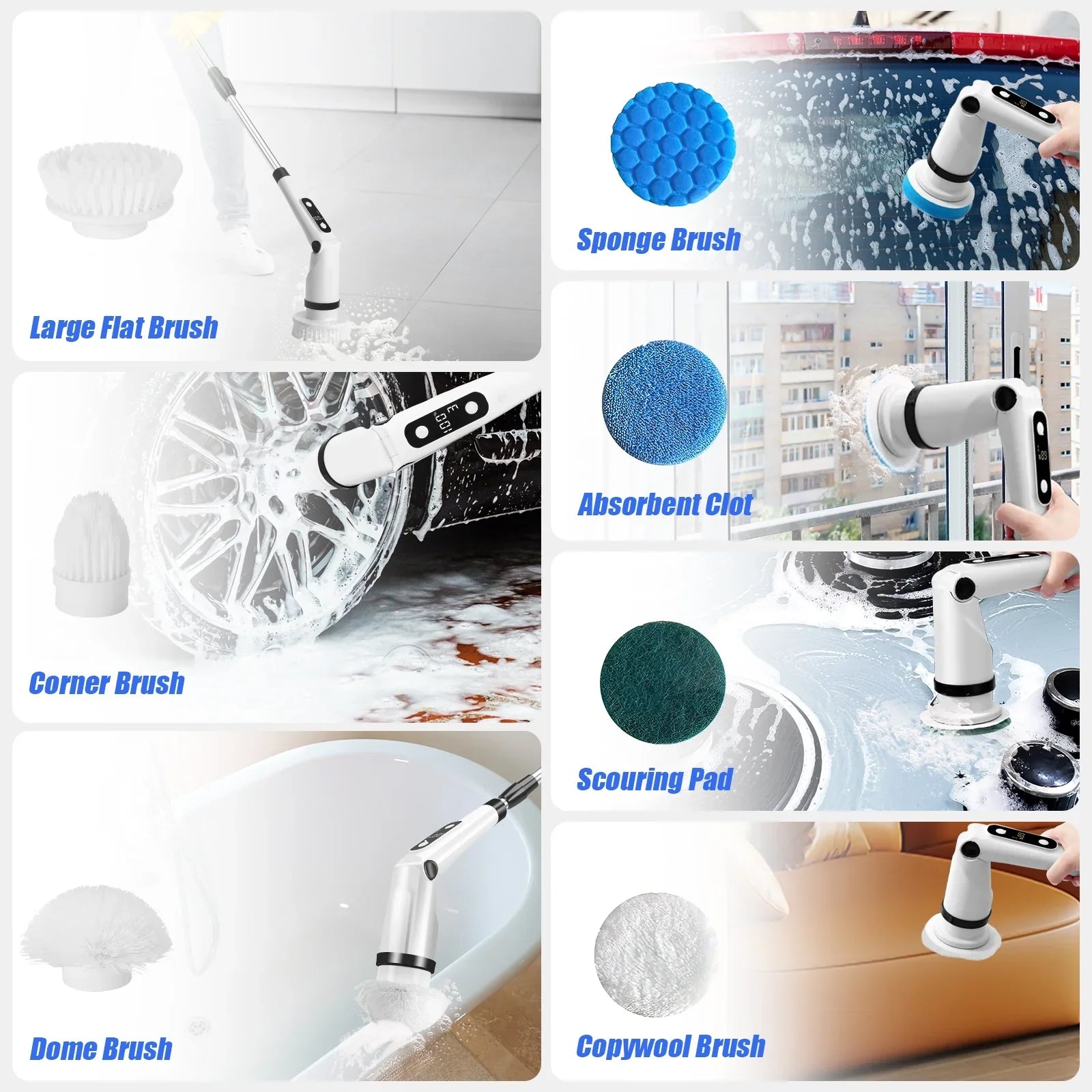Cleaning Cordless WLRETMCI for Handle Electric with 8 Brush Kitchen Tub Household Cleaning Brushes with Floor Heads,Shower Scrubber Spin Scrubber, Long Brush Car Bathroom Tile