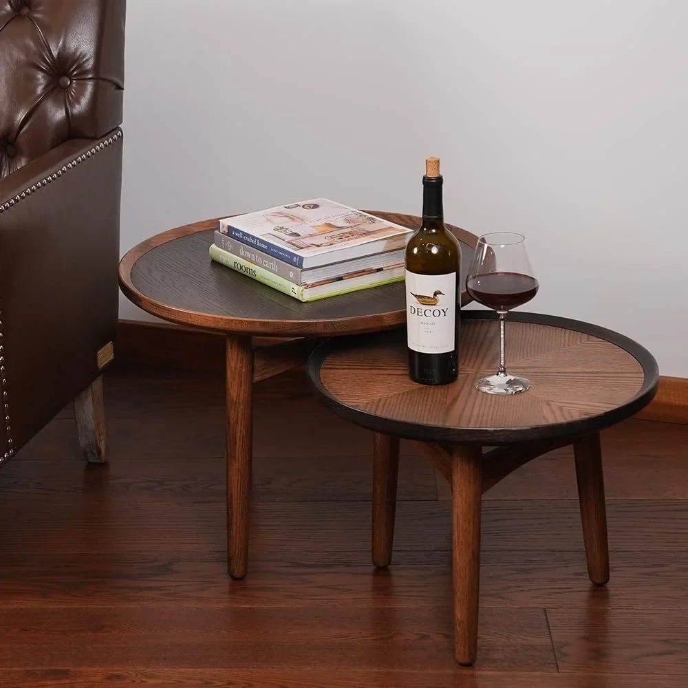 Table, Solid Coffee CONSDAN Balcony with Round Side - Feet Structure Hardwood Wood Living Table Nesting Room, Table Solid Standard Bedroom, & Oak for