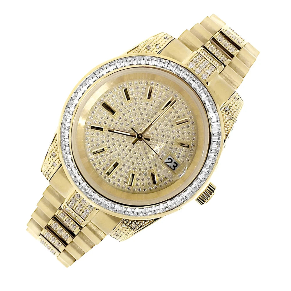 Simulated Diamond 18k Yellow Tarnish Gold Stainless 41MM Watch Free New Presidential Steel Unisex Finish