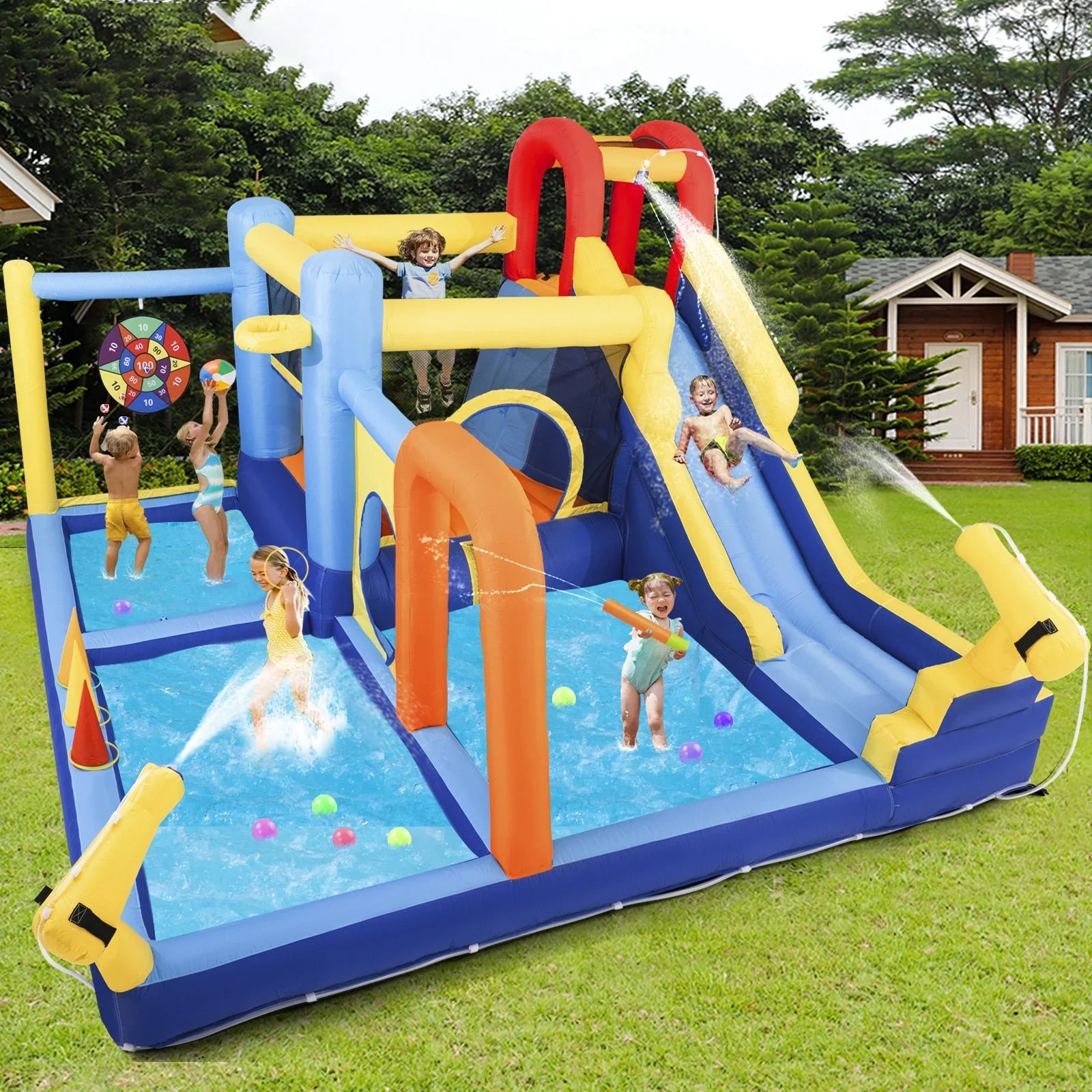Felt Trampoline, Castle Climbing with Kids Inflatable liquid Wall, Air Target, Splash Toss 550W Bouncer Pool, Blower Ball Ring Playhouse Game, JOYLDIAS Slide