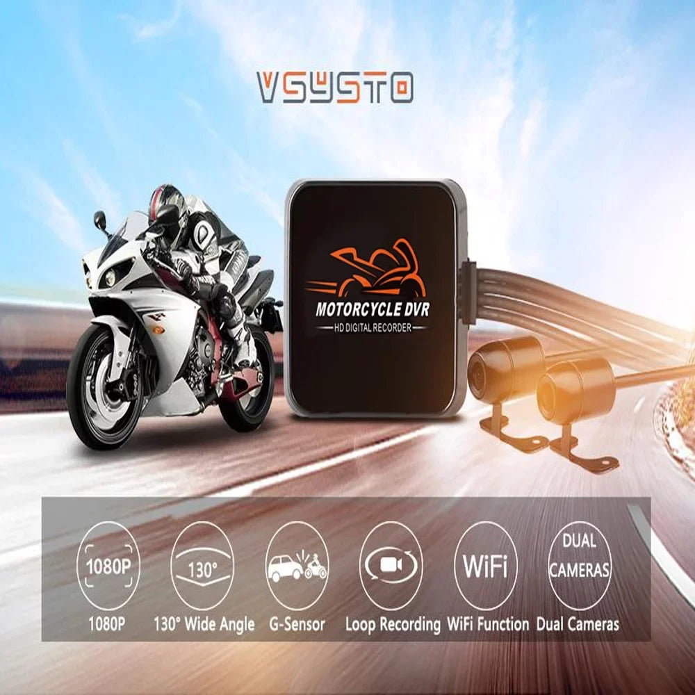 Front 1080P Channels VSYSTO 2 WiFi Cam, Motorcycle G-sensor & Angle Camera HD Recorder, Video Night Wide Dash No Driving Rear Loop 130° Vision Recording, Screen