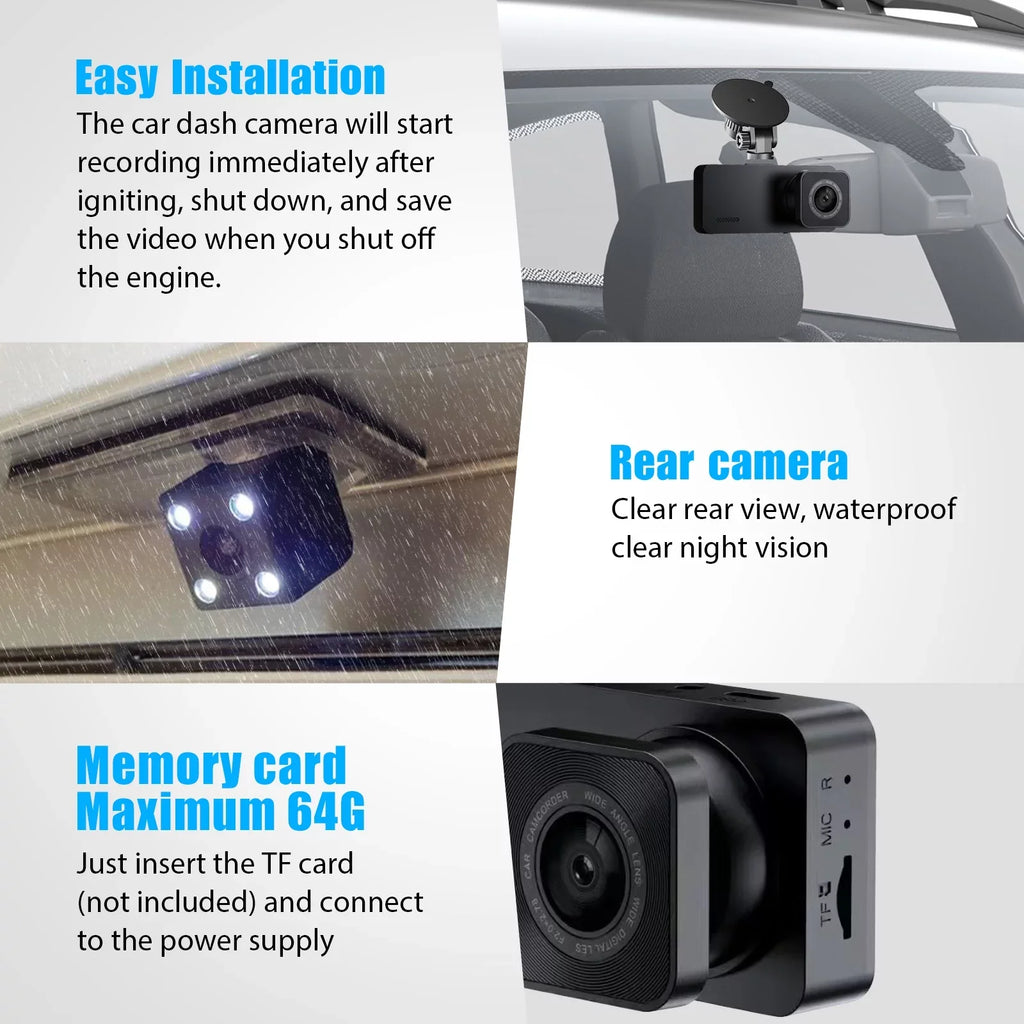 Cam Dual with and Rear, Camera, Vision Dash Backup Night Cam Screen 1080P HD Dash Car TSV 3 Channel Front Camera DVR