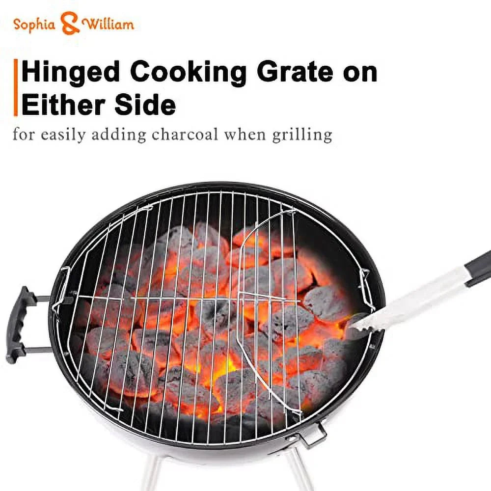 Lid and BBQ 18-inch Camping, Ash Black Catcher for Sophia Porcelain-Enameled Picnic exterior Grate, Kettle Chromeplated Grill Charcoal & Patio William with BBQ Bowl,