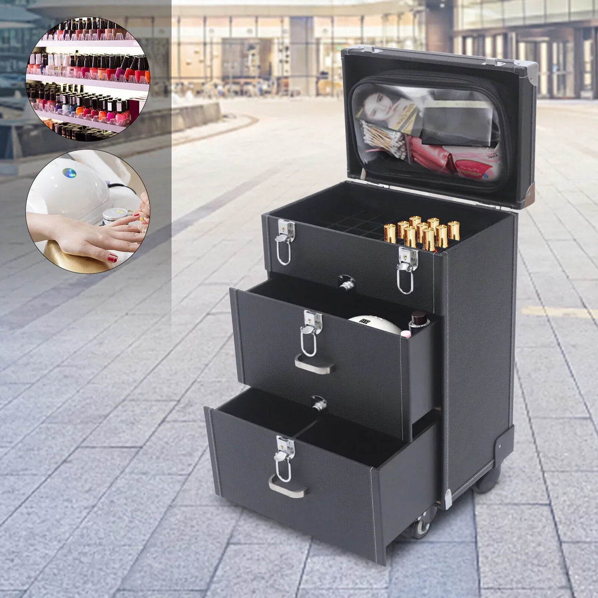 Rolling Cosmetics Box Box Train Cosmetic Bag Case Cases Rolling Rolling Wheels Trolley Lock Women's Black Storage Train Case Black Organizer Makeup Organizer Makeup PU Cosmetics Trolley Black Trolley