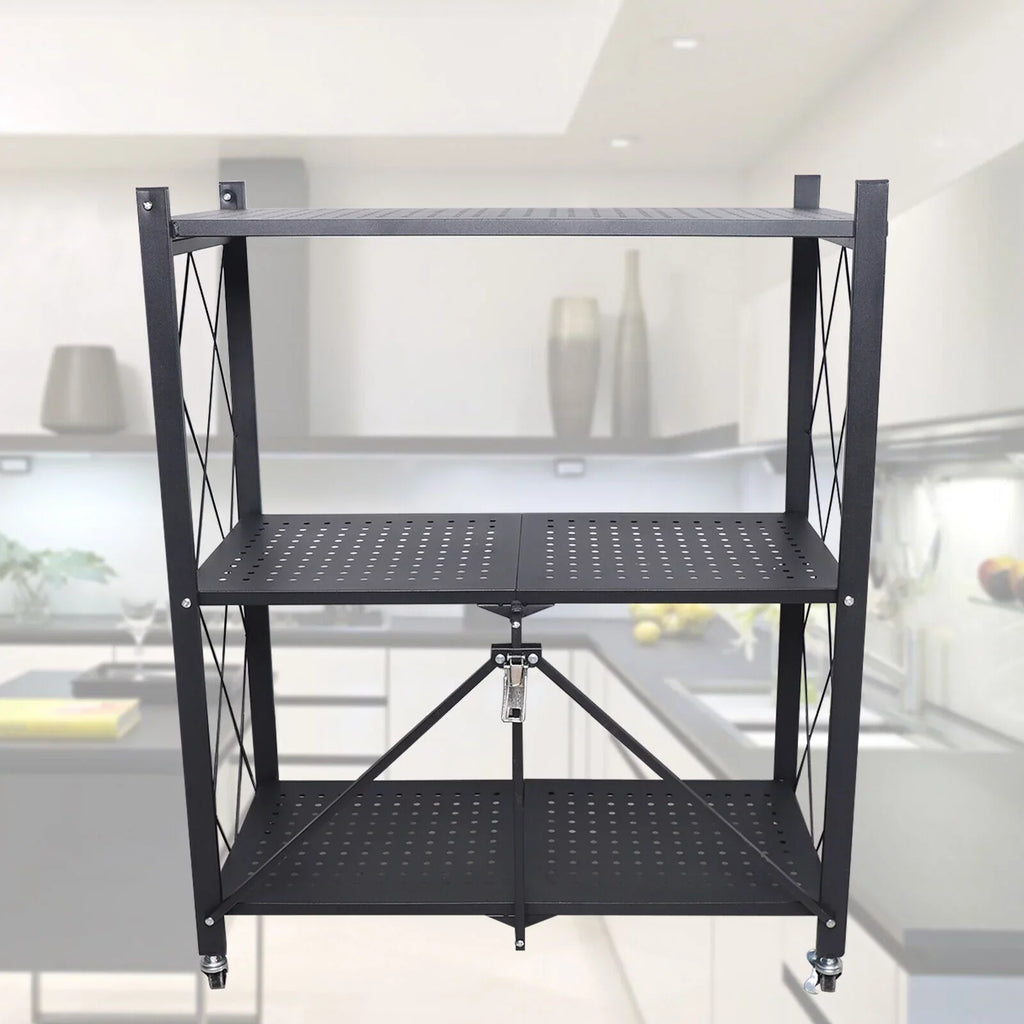 3-Tier Storage with Utility Shelves Metal Rack Kitchen Movable Trolley (Black) Cart Miumaeov Holder Foldable Rolling Wheel
