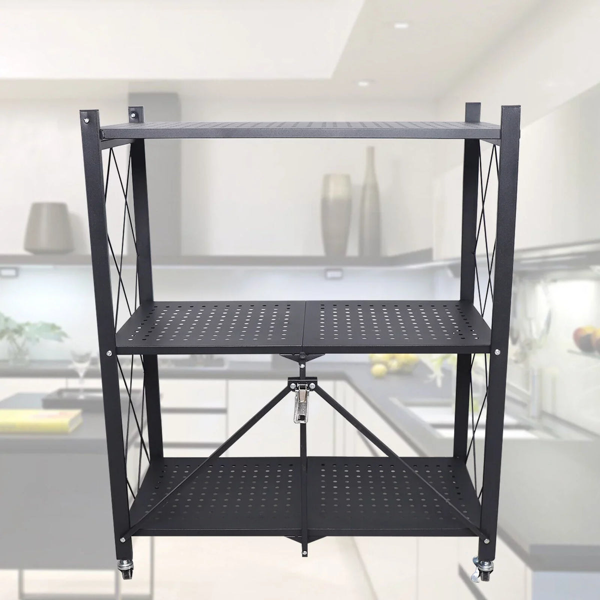 3-Tier Storage with Utility Shelves Metal Rack Kitchen Movable Trolley (Black) Cart Miumaeov Holder Foldable Rolling Wheel