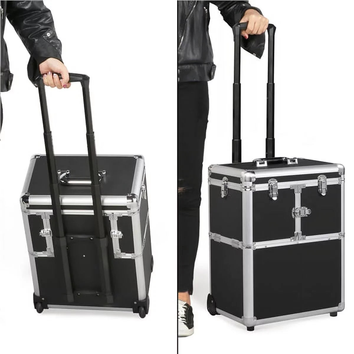 Alden Case Trolley Makeup Rolling Retractable Black Mirror, Wheels, with Design Trays, &