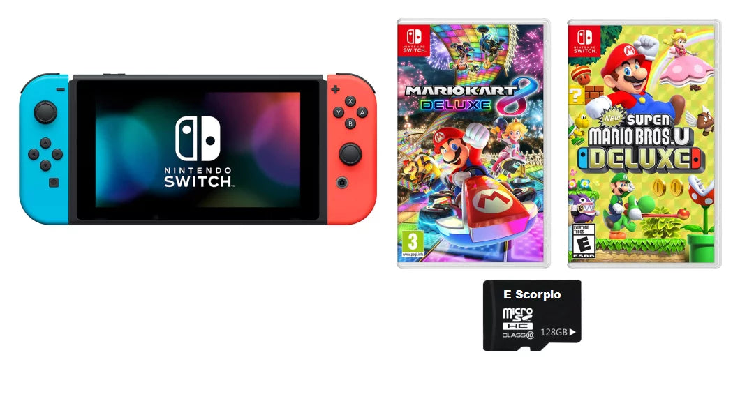 32GB Deluxe with U Nintendo Nintendo Bundle: Mario Months Blue Switch /Super Neon and 8 Joy-Con| Membership Switch Nintendo Online Switch Red Bros. and Deluxe Console 3 Kart Mario