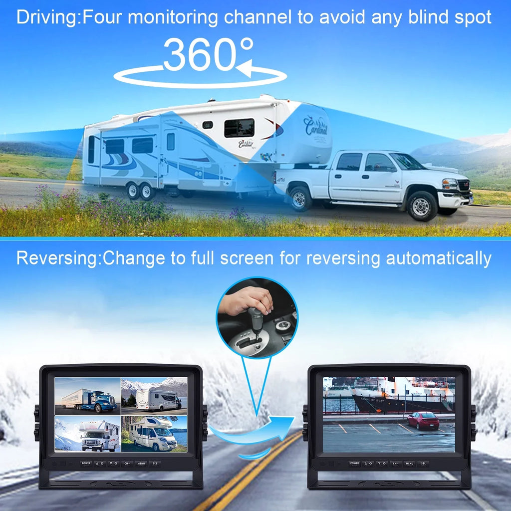 A9 View Monitor, HD camera Backup with DVR 9’’ for RV Side Trailer Backup System Camera IP69 Camera Advanced Function Split Screens Car Truck RV Quad 4 Record Box Large eRapta Waterproof Rear and