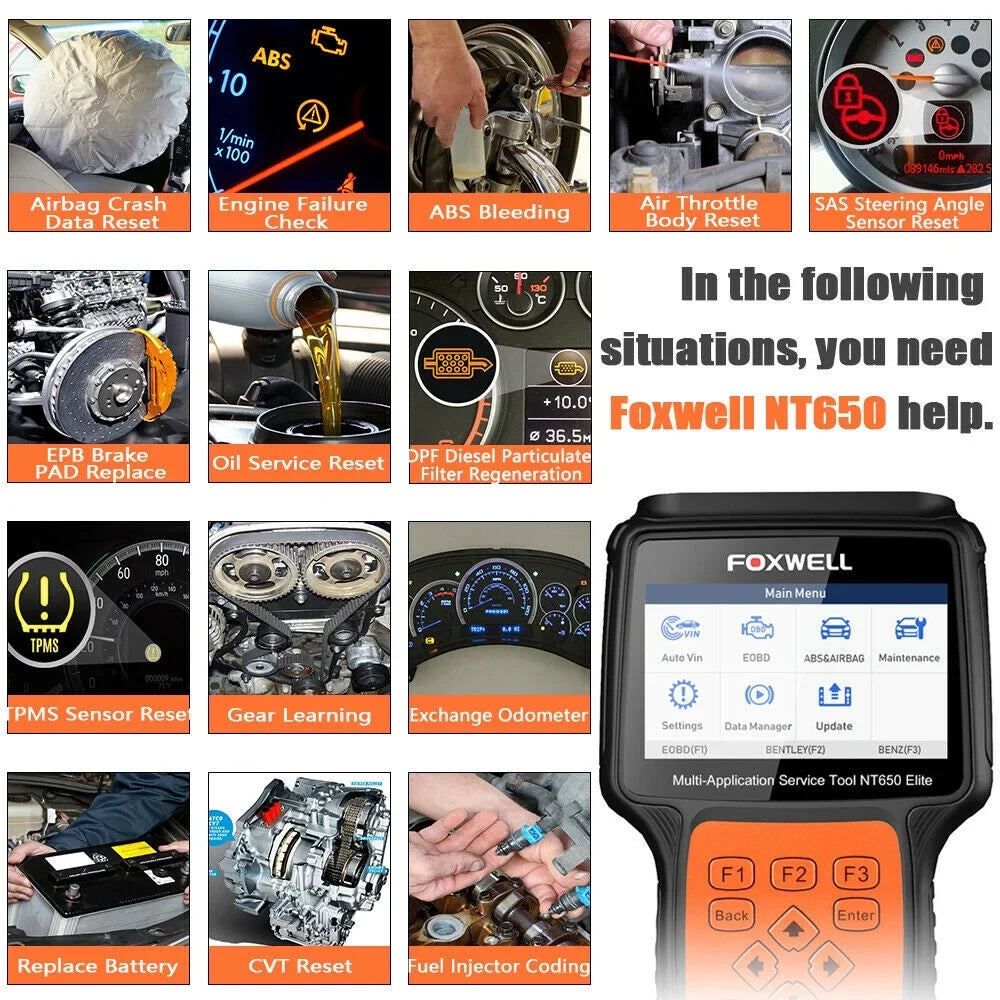 Bag Registeration Air TPMS ABS NT650 OBD2 DPF Reset Elite OBD Code Oil TPS Battery Scanner with Automotive EPS EPB FOXWELL Light Car SAS Reader II