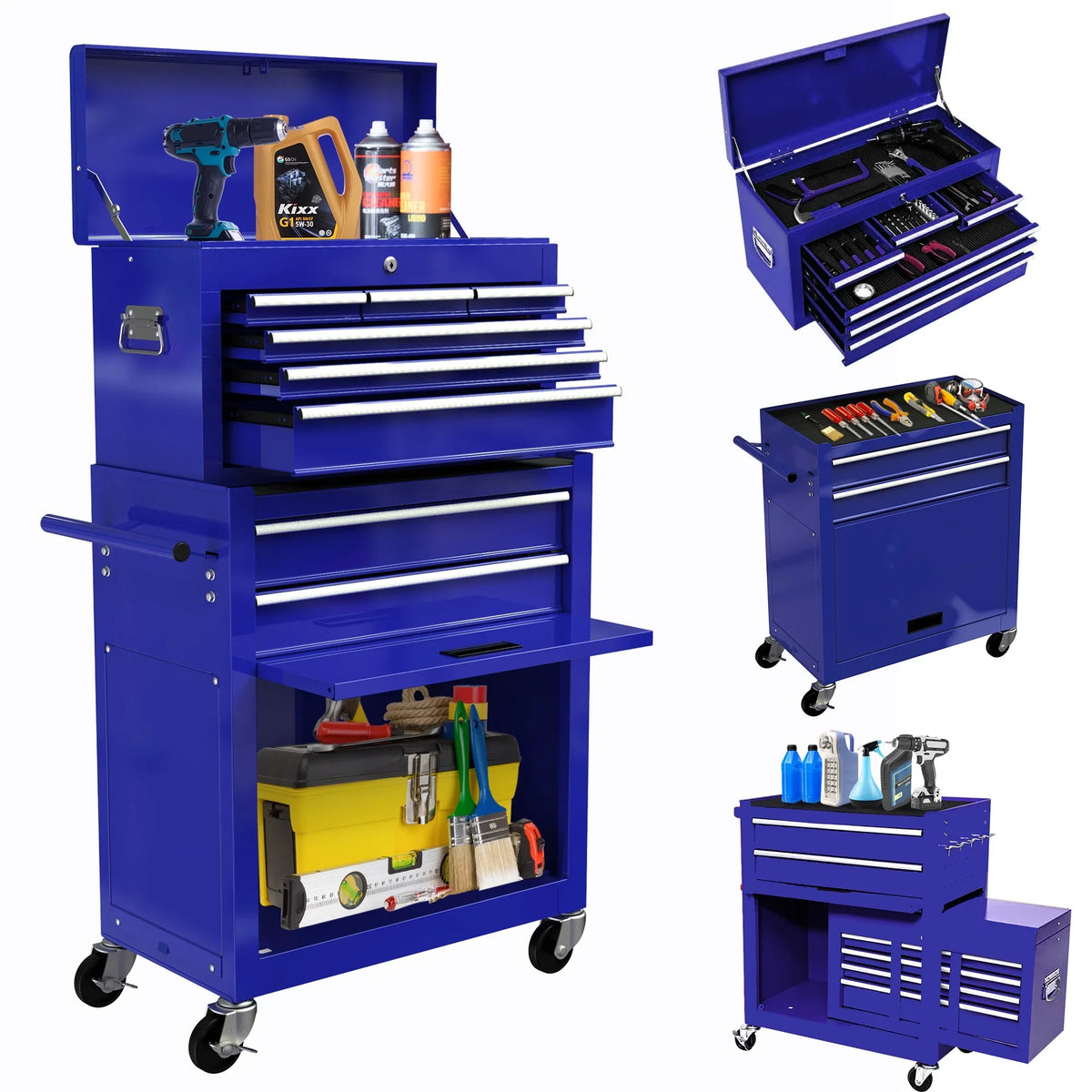 Drawers, Tool Hidden Chest Sliding On Organizer Rolling Capacity Drawers, Box, with Chest Cabinet Tool Lockable Blue with 8 Tool & Box Double with Wheels Large 2-IN-1 Drawers, Tool