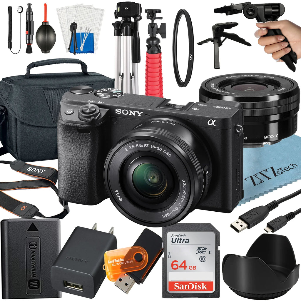 ZeeTech Accessory Tripod, Alpha Digital a6400 SanDisk E PZ 64GB Mirrorless 16-50mm Lens, Bundle with OSS Card, Case, Camera