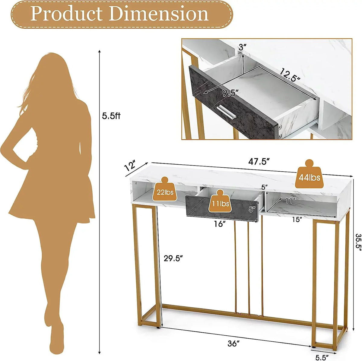 Sofa Drawer NLTBONNIE Kitchen with Table Faux &amp; - Adjustable Foyer Table for Hallway Room Pads &amp; Marble Entryway Room Anti-Toppling Console with Living Foot Device Dining Ent