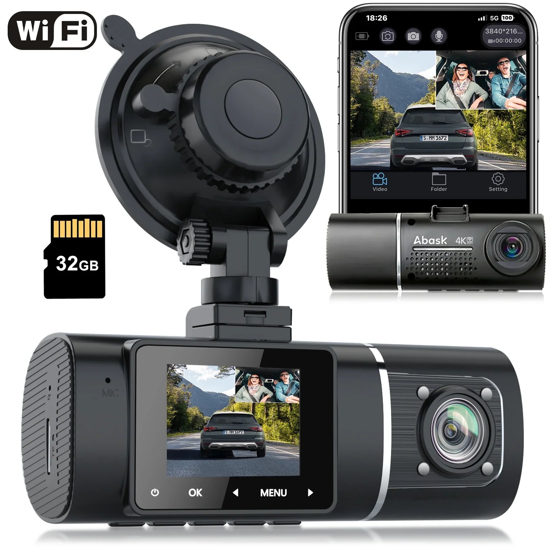 '- Car J05 Abask Angle, Infrared Night 310° 24H GB Wide Front DashCam Motion Inside PRO Loop Monitoring, WiFi Sensor, G-Sensor, Recording, with Parking HDR, Camera 4K to 128 Up Vision, and