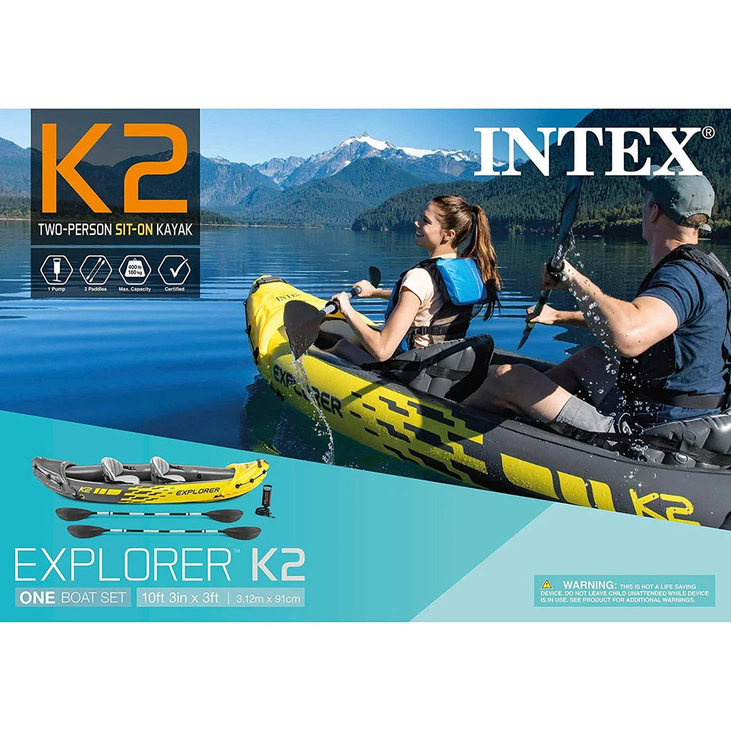Pack) Set Person Inflatable Kayak Air (3 and K2 Pump, Explorer Yellow Intex 2