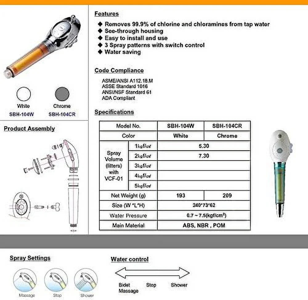 chlorine of shower filter included and liquid removes pressure 99.9% with chloramines - 2 filters - shower high - up head flow by to low