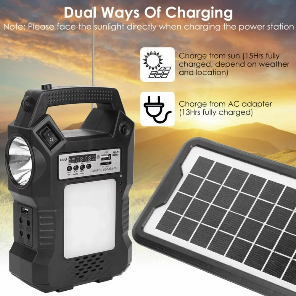 Solar Station, Rechargeable Powered Charge, Bulbs Flashlight for Bank Generator, Solar 3 Way Hiking Camping LED with Portable MDHAND To Power Dual Panel Solar Emergency
