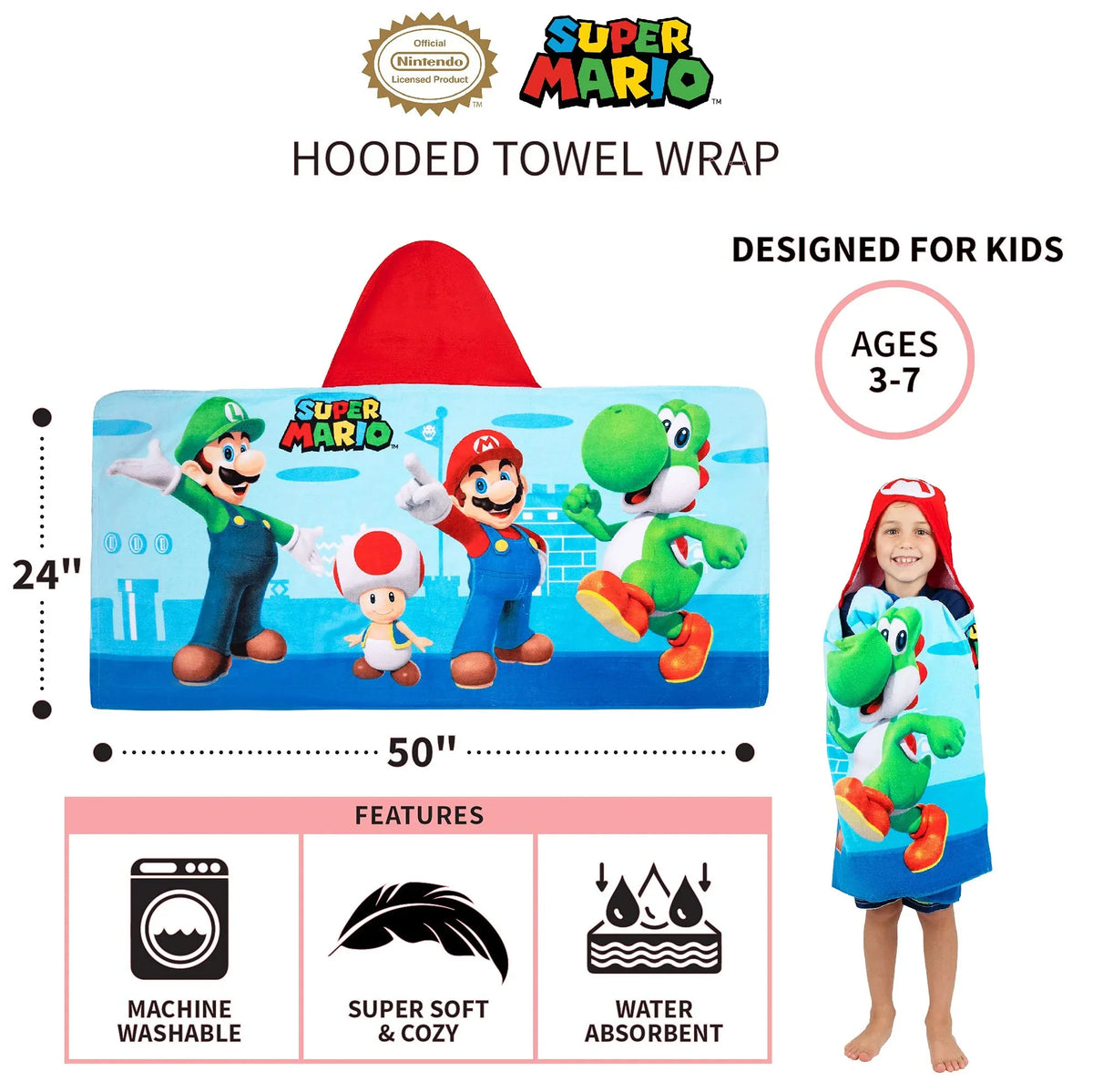 Kids x Mario Super Franco Towel Wrap, By Cotton 24 Soft in, Bath/Pool/Beach Hooded in Terry 50