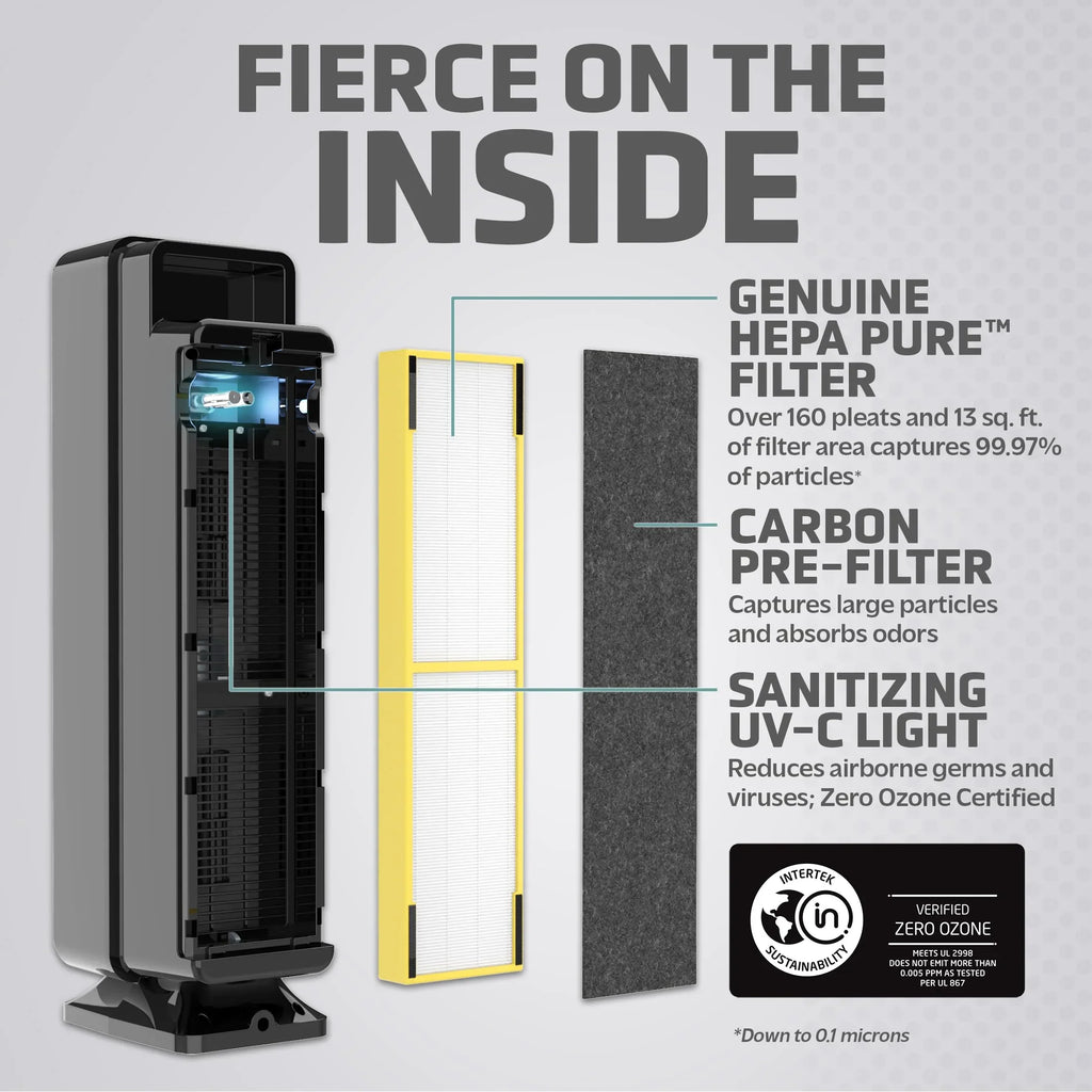 Germs, Allergens, for Mold, Purifier Inch, HEPA Black, Dust, Rooms, GermGuardian AC5350B Home, Helps 28 UV-C Smoke, Reduce Filter, Light Air Large H13 Removes Pollen, Odors,