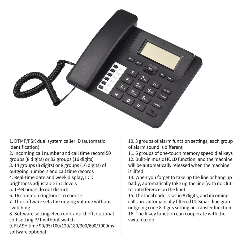 Dual Built-in Sound Chip Hands-Free/Redial/Flash/Speed Corded Date IC Control Support Elderly System Phone Phone Home Real-time Landline Black Dial/Ring DTMF/FSK for Desk Seniors Telephone