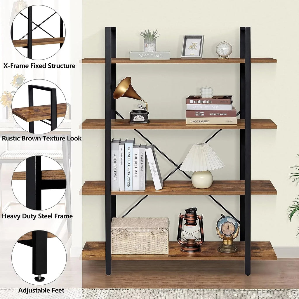 Rustic Open for 4-Tier Bedroom, Frame, Book Bookshelf, with Home Shelves Living Tall Office, Brown Display Shelf, Bookcase Metal Room, DIQIN