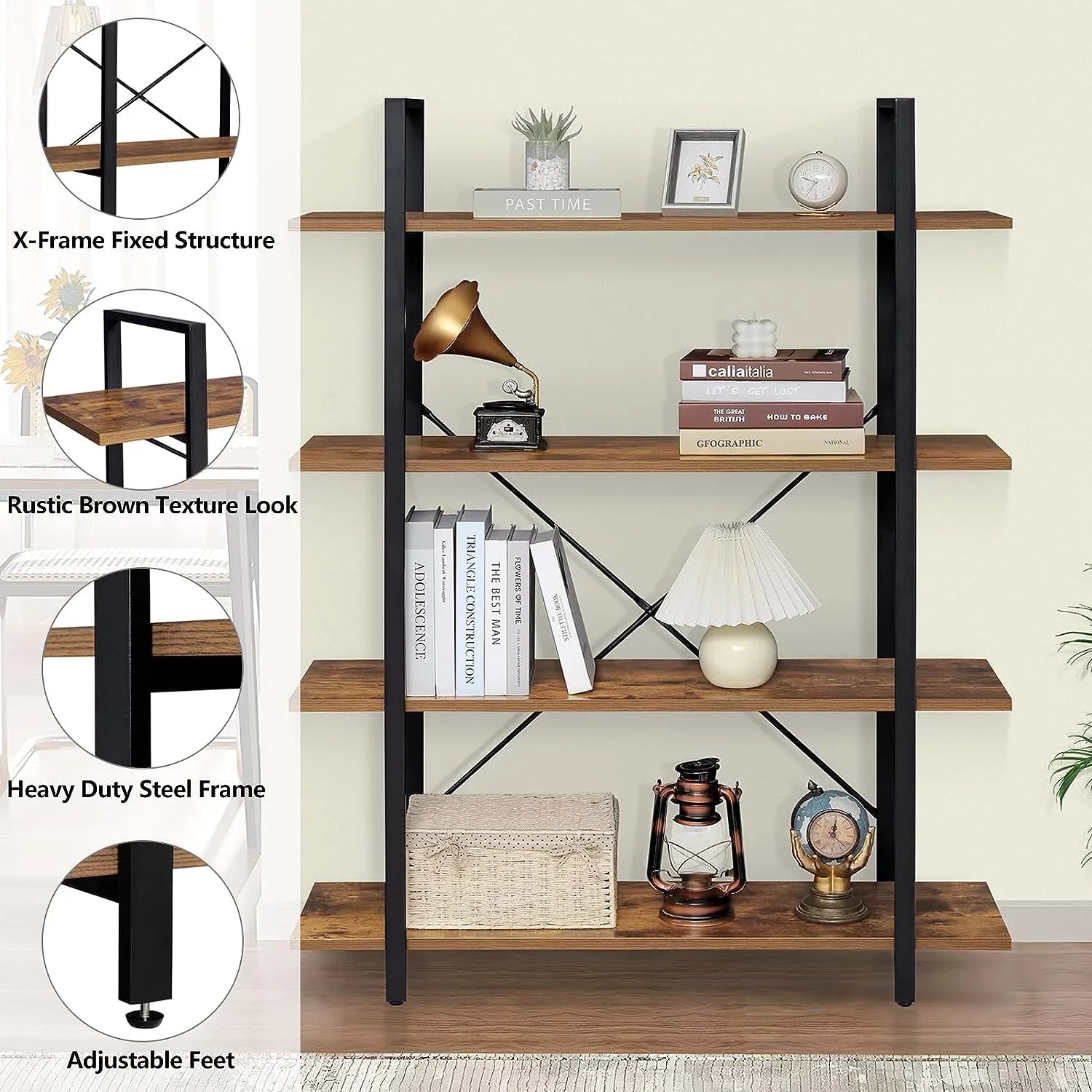 Rustic Open for 4-Tier Bedroom, Frame, Book Bookshelf, with Home Shelves Living Tall Office, Brown Display Shelf, Bookcase Metal Room, DIQIN