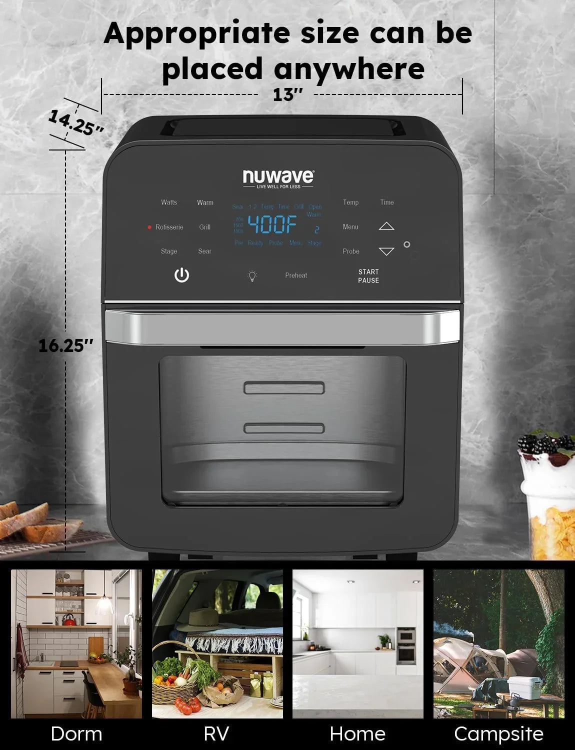 Controls, 15.5Qt 50F-425F HOZO 1800W, Family Rotisserie Thermometer X-Large Temp Integrated Kit, Fryer Smart SS &-Skewer Powerful Oven, dimension, Air Basket Brio