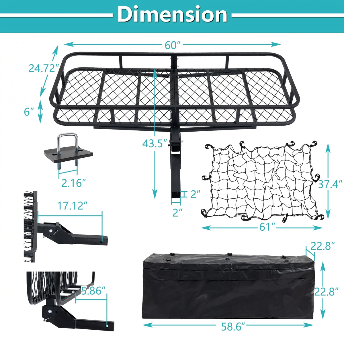Trailer, 6" 24" Mounted Truck Car 60" x Cargo SUV Folding with Capacity Cargo Black Basket Hitched for 500lb x Net,