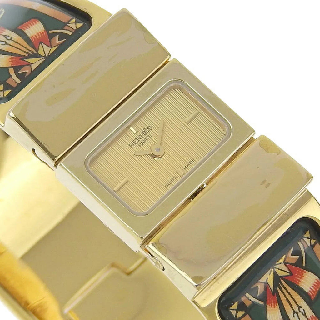 Watch Analog (Fair) Dial Swiss Location Plated Quartz Display Gold Green Ladies LO1.201 Cloisonné Made Pre-Owned HERMES