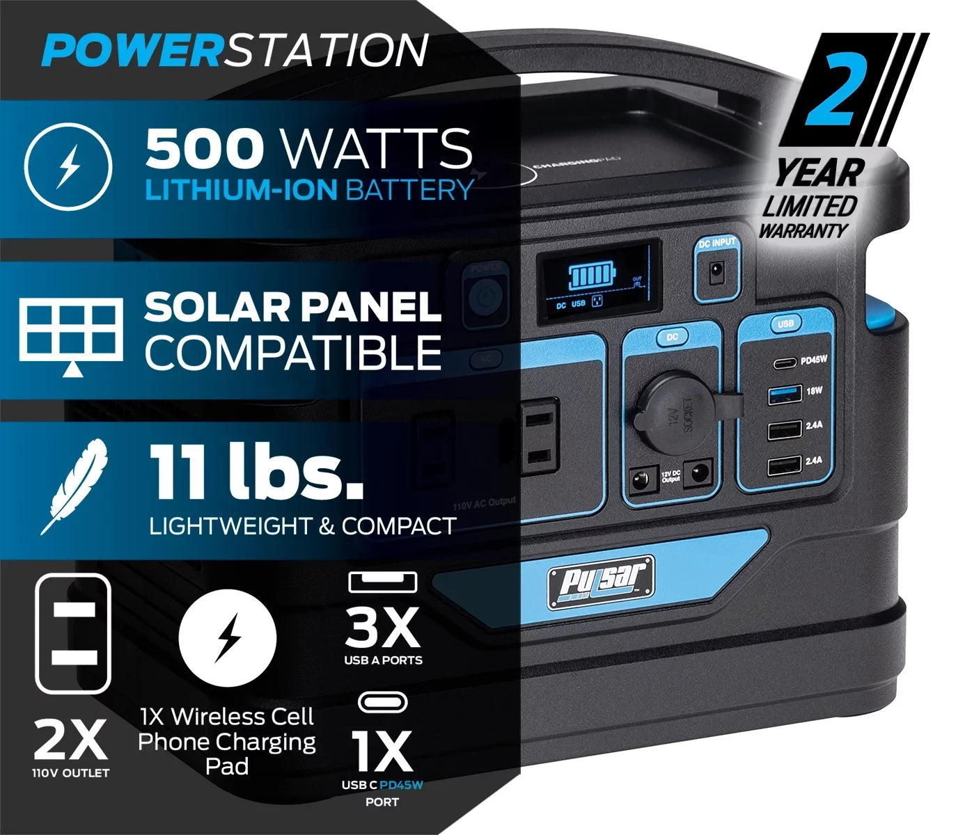 Display and Watt Charging with LCD Pulsar Portable Pad Capacity) Lithium-Ion (518Wh Power 500 Station Wireless