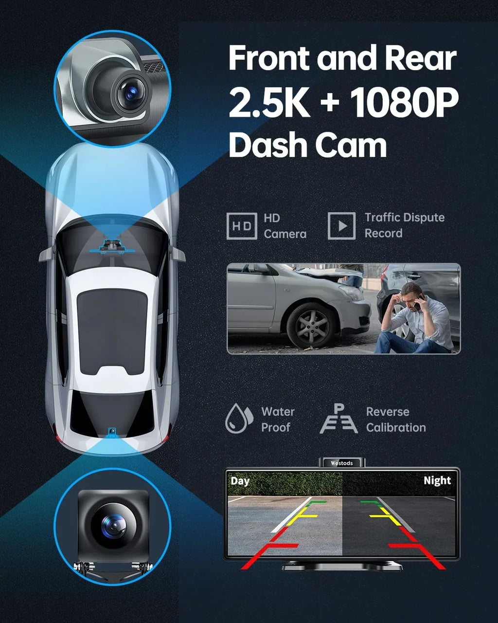 Carplay CAIHONG Detachable Screen with IPS Bluetooth, Touchscreen, Radio Camera, & Cam Auto 2.5K & Navigation, & Portable Car Mount, 10.26" HD Stereo, Wireless 1080P Backup Adjustable Android GPS Dash