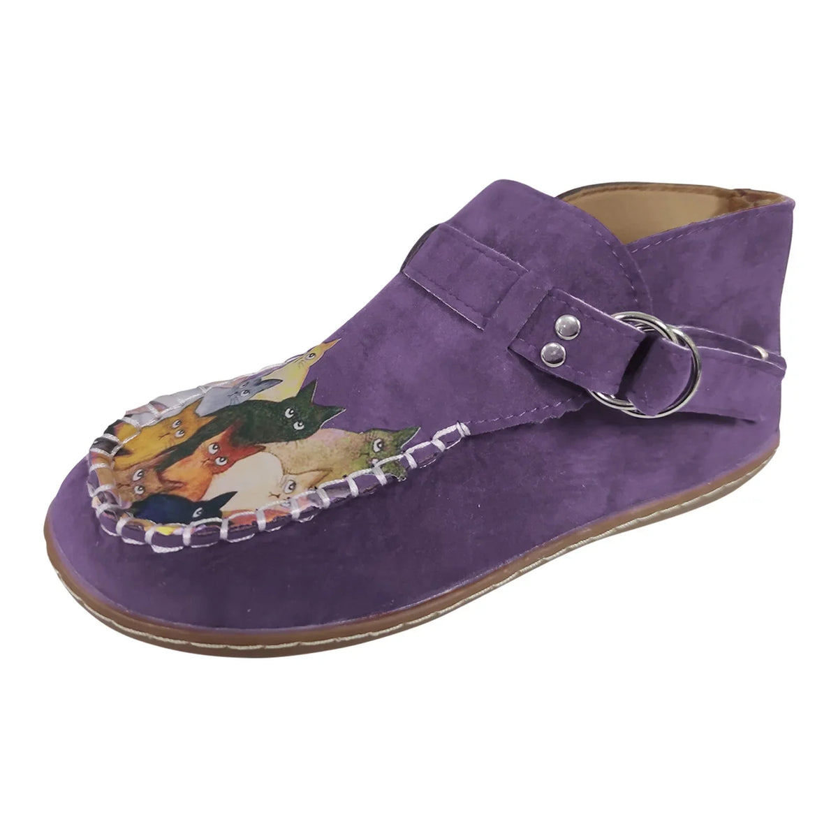 Casual Boots Leather Comfort boots women's Printed Cat Flat Button Female Ankle Cartoon
