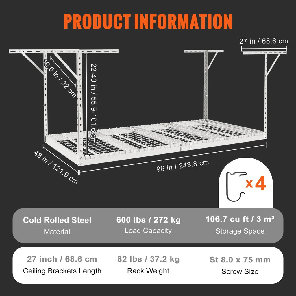 Storage 600 White 48x96" Rack Rack Ceiling lbs Overhead Adjustable Garage SKYSHALO