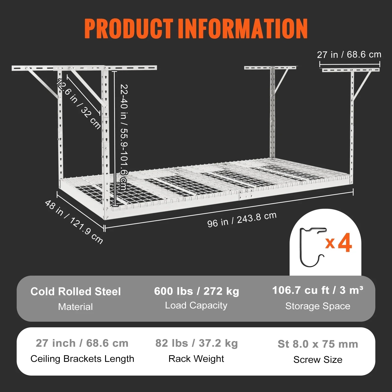 Storage 600 White 48x96" Rack Rack Ceiling lbs Overhead Adjustable Garage SKYSHALO