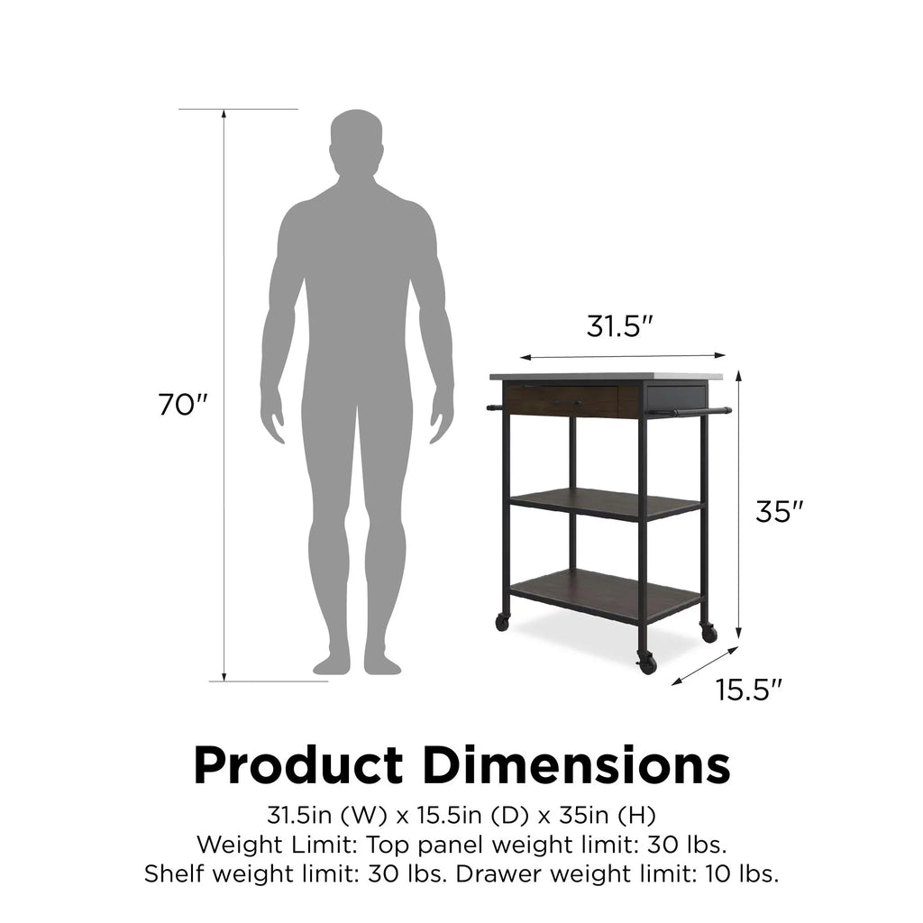 Top, Storage, Kitchen Steel Brown DHP Stainless Kane Frame, Pantry Black Counter Cart, Metal