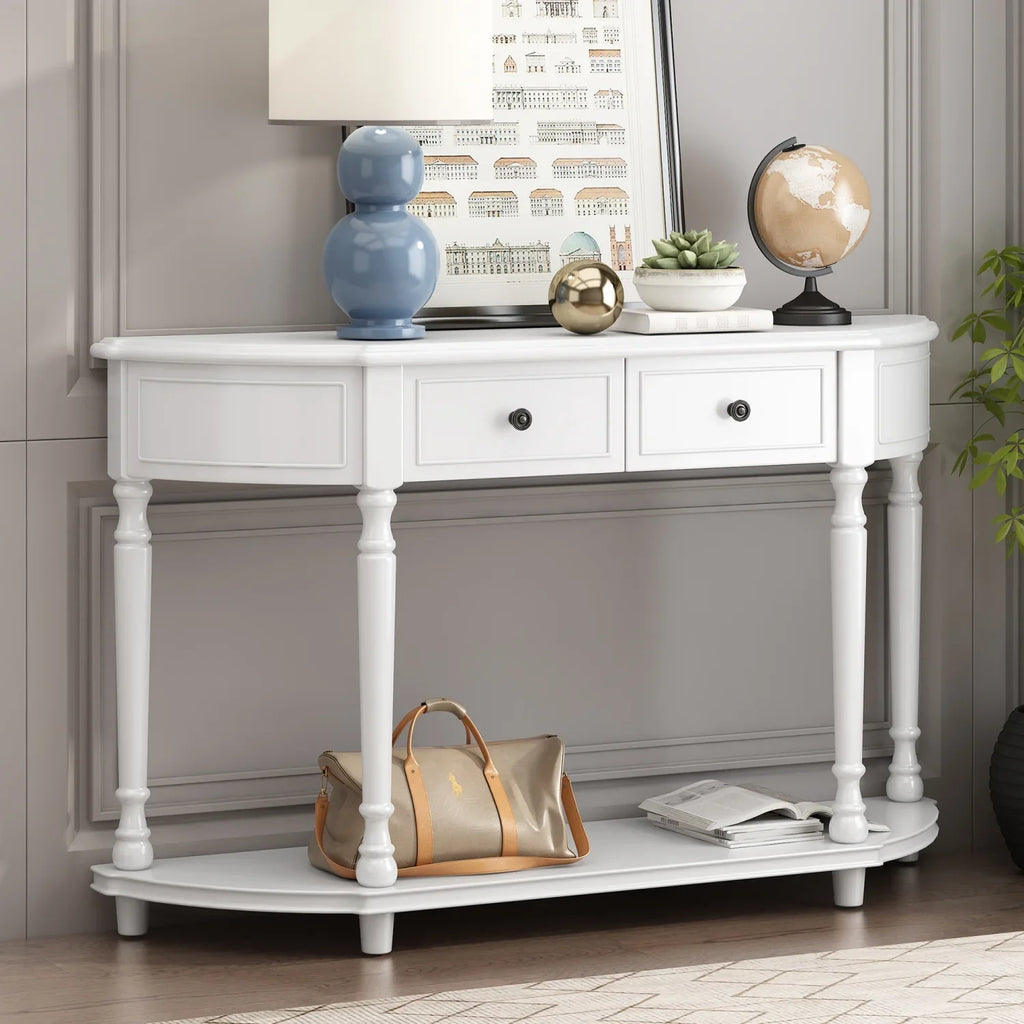 (White Curved Console Wooden Drawers Design design Frame Table WF298768AAK) and Top SKU Circular Solid OLD Shelf Retro Open Legs Two with TREXM