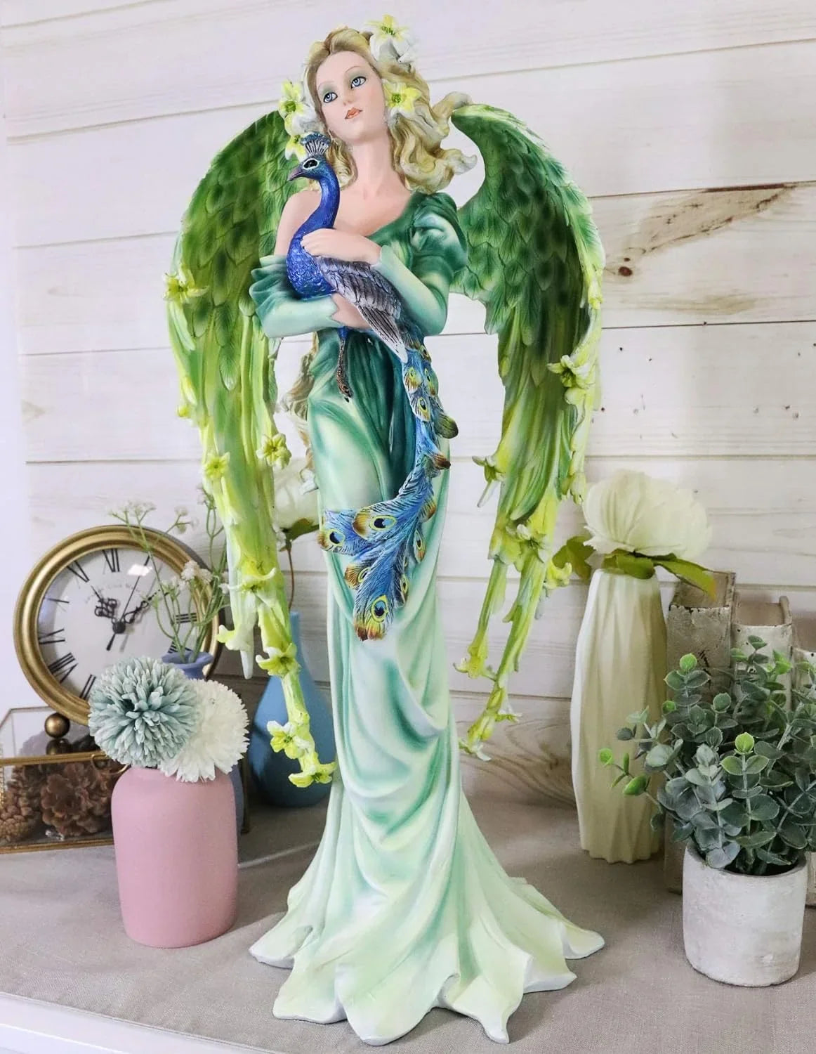 Collectible Figurine Faery 21" Garden Tall Pixie Iridescent Decorative Peacock Train DIY Fairy FAE Mother Magic Large Green Statue Fantasy Faries