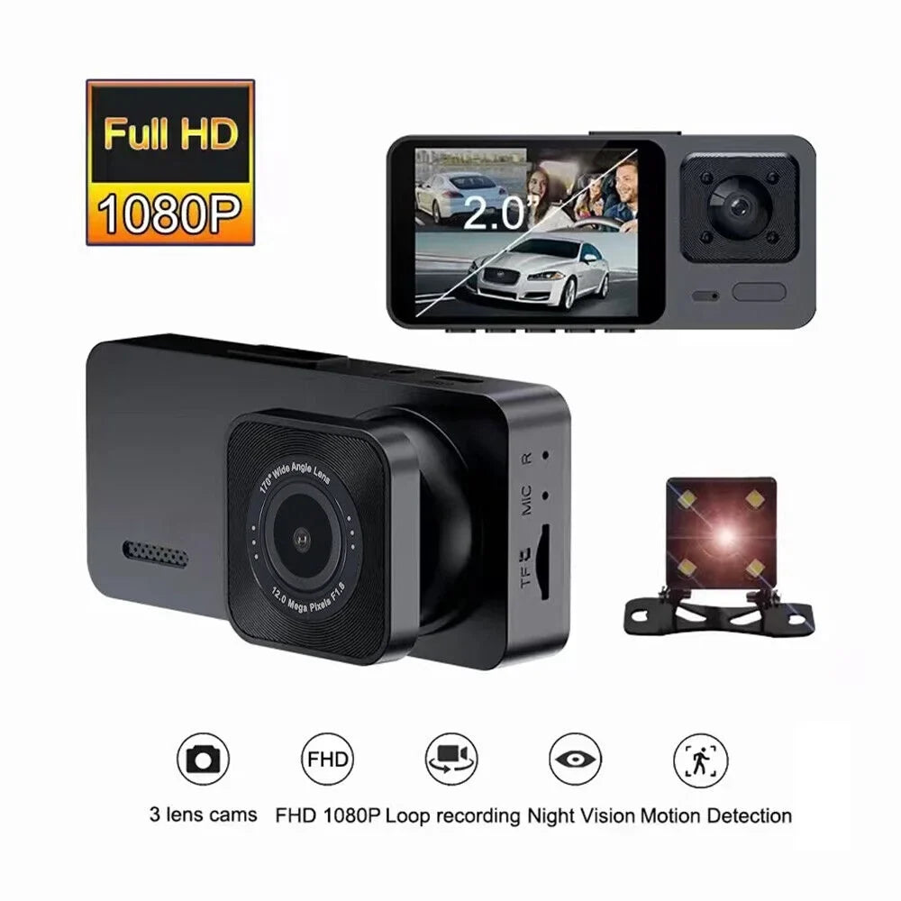 Onemayship Rear DVR Video 3 Inside Front Camera Dash Car Cam Recorder Lens G-Sensor 1080P