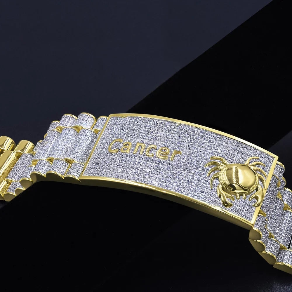 Bracelet Zodiac Gold 14K Sign Finish Simulated Astrology Crab Mens Horoscope Cancer 8.5'' Diamond